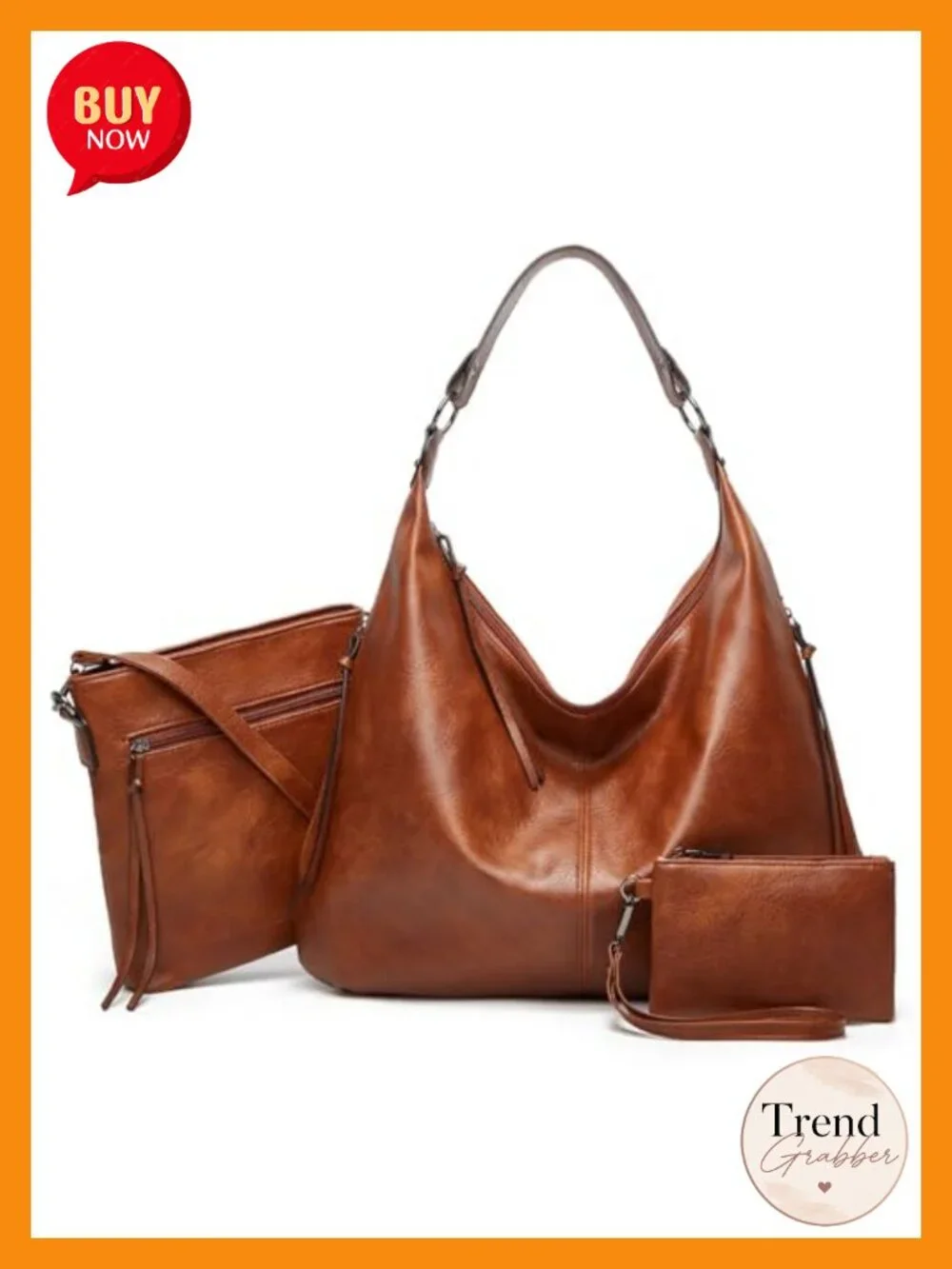 3-Piece PU Leather Handbag Set Crossbody & Wristlet Large Hobo Work Travel